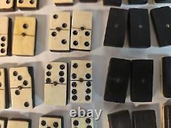 Antique Bone And Ebony Dominoes In Wooden Box Set Of 28