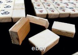 Antique Bone & Bamboo Mahjong Game Set in Wooden Travel Box / Mah Jong c. 1920