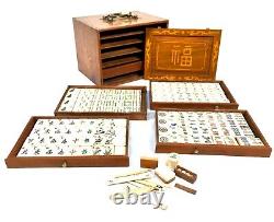 Antique Bone & Bamboo Mahjong Game in Wooden Travel Box / Mah Jong Set