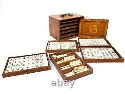 Antique Bone & Bamboo Mahjong Game in Wooden Travel Box / Mah Jong Set