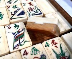 Antique Bone & Bamboo Mahjong Game in Wooden Travel Box / Mah Jong Set