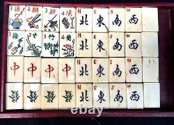 Antique Bone and Bamboo Mahjong Set In Wooden Travel Case / Box Mah Jong Game