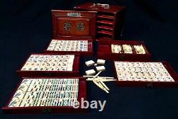 Antique Bone and Bamboo Mahjong Set In Wooden Travel Case / Box Mah Jong Game