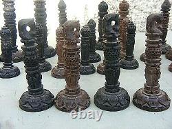 Antique Chess Set Anglo Indian Wooden Carved And Box