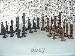 Antique Chess Set Anglo Indian Wooden Carved And Box