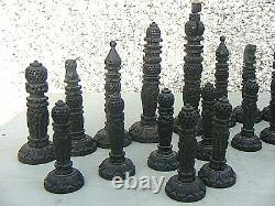 Antique Chess Set Anglo Indian Wooden Carved And Box