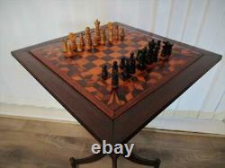 Antique Chess Table Tunbridge Inlay & St George Chess Set + Box