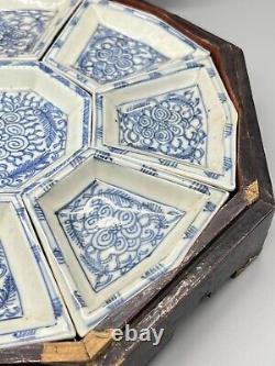 Antique Chinese Blue & White Porcelain Sweetmeat Set in Wooden Lacquer Box