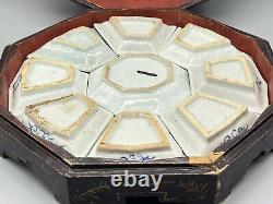 Antique Chinese Blue & White Porcelain Sweetmeat Set in Wooden Lacquer Box