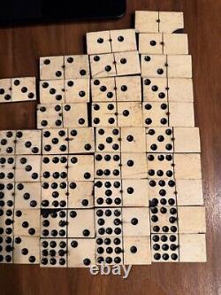 Antique Cream and Ebony Set of 55 Dominoes Wooden Box