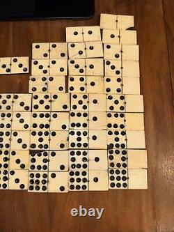 Antique Cream and Ebony Set of 55 Dominoes Wooden Box