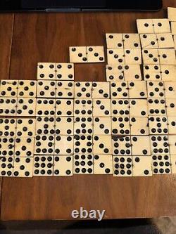 Antique Cream and Ebony Set of 55 Dominoes Wooden Box