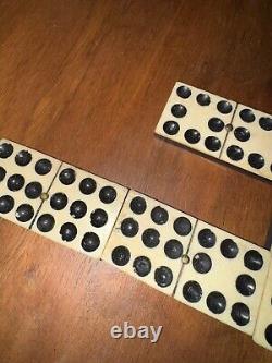 Antique Cream and Ebony Set of 55 Dominoes Wooden Box