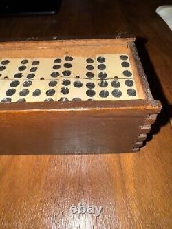 Antique Cream and Ebony Set of 55 Dominoes Wooden Box