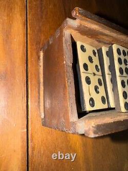 Antique Cream and Ebony Set of 55 Dominoes Wooden Box