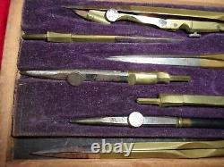 Antique Drawing Architect Tool Set Engineers Brass Nautical vintage wooden box