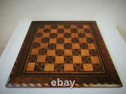 Antique English Chess Board Tunbridge Marquetry Inlay & Staunton Chess Set+box