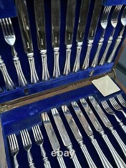 Antique English Silver Plated Cutlery Set In Wooden Box Dubarry Pattern