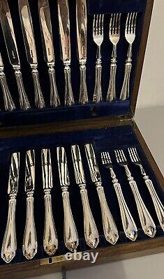 Antique English Silver Plated Cutlery Set In Wooden Box Dubarry Pattern