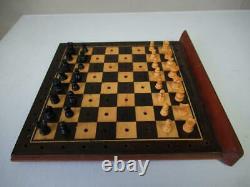 Antique English Travel Chess Set Pegged Pieces And Large Mahogany Box