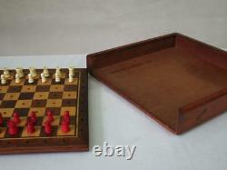 Antique English Travel Chess Set Pegged Pieces And Large Mahogany Box