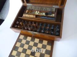 Antique Games Compendium Coffee house Chess Set, checkers + domino in wooden box