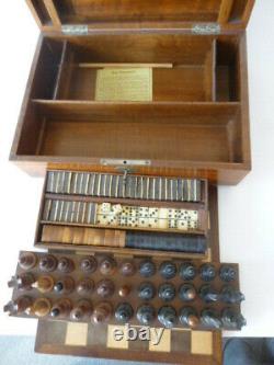 Antique Games Compendium Coffee house Chess Set, checkers + domino in wooden box