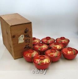 Antique Japanese Wooden Soup bowls Red Lacquer 9-Set Cranes and Pines Wooden Box