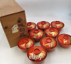 Antique Japanese Wooden Soup bowls Red Lacquer 9-Set Cranes and Pines Wooden Box