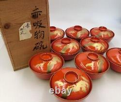 Antique Japanese Wooden Soup bowls Red Lacquer 9-Set Cranes and Pines Wooden Box