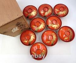 Antique Japanese Wooden Soup bowls Red Lacquer 9-Set Cranes and Pines Wooden Box