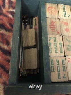 Antique Mah Jong Green Wooden Box Set With Instructions