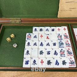 Antique Mah Jong Set With 144 Dovetail Joint Bamboo Backed Pieces In Wooden Box