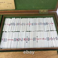 Antique Mah Jong Set With 144 Dovetail Joint Bamboo Backed Pieces In Wooden Box