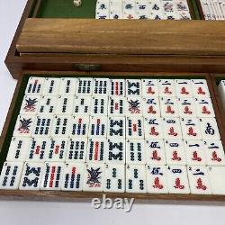 Antique Mah Jong Set With 144 Dovetail Joint Bamboo Backed Pieces In Wooden Box