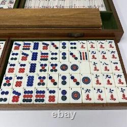 Antique Mah Jong Set With 144 Dovetail Joint Bamboo Backed Pieces In Wooden Box