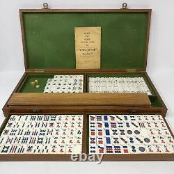 Antique Mah Jong Set With 144 Dovetail Joint Bamboo Backed Pieces In Wooden Box