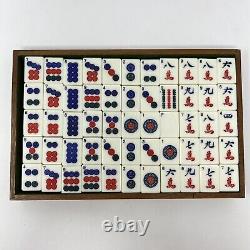 Antique Mah Jong Set With 144 Dovetail Joint Bamboo Backed Pieces In Wooden Box