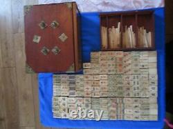 Antique Mahjong Mah Jong Set in Wooden Box with Bone and Bamboo 138 Tiles