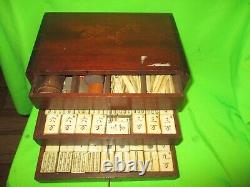 Antique Mahjong Mah Jong Set in Wooden Box with Bone and Bamboo 144 Tiles