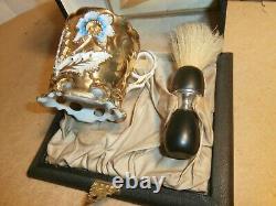 Antique Ornate Wooden Shaving Box Set with Gold & Floral Mug Cup Brush