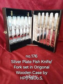 Antique Silver Plate Mother of Pearl Knife X5 Fork X6 Cutlery Set In Wooden Box