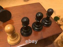 Antique Staunton Chess Set With Locking Box, Crown Marks, King 65mm, Excellent