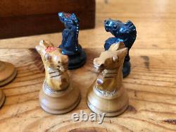 Antique Staunton Wooden Chess Set, King 70mm, With Box, Unweighted, Crown Marks