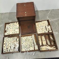 Antique Thick Bone and Bamboo Mahjong Set in Carved Wooden Box Rare Mechanism