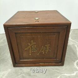 Antique Thick Bone and Bamboo Mahjong Set in Carved Wooden Box Rare Mechanism