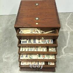 Antique Thick Bone and Bamboo Mahjong Set in Carved Wooden Box Rare Mechanism