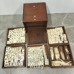 Antique Thick Bone and Bamboo Mahjong Set in Carved Wooden Box Rare Mechanism