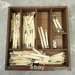 Antique Thick Bone and Bamboo Mahjong Set in Carved Wooden Box Rare Mechanism