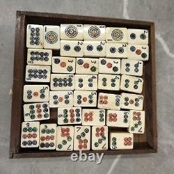 Antique Thick Bone and Bamboo Mahjong Set in Carved Wooden Box Rare Mechanism